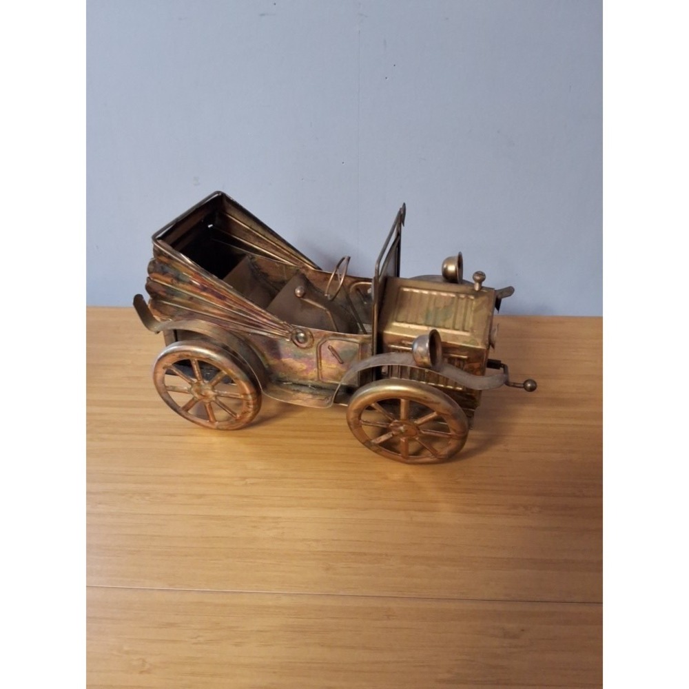 Vintage Copper Tin Metal Car Crank Model T Convertible Replica Music Box.  WORKS